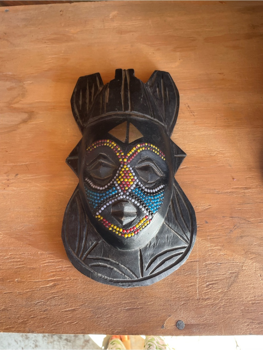 Black wood Beaded Tribal Wall Mask - Decorative Home Accent